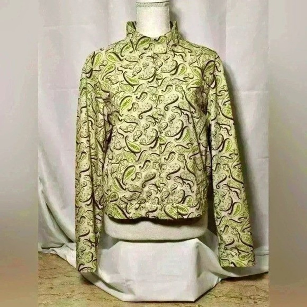 Vintage 80's 90's Rene Lezard Women Cream Green Black Paisley Cotton Zip Jacket